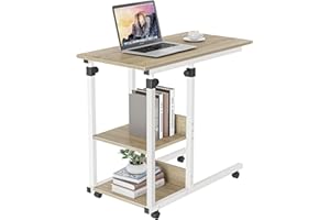 Dripex C Shaped Side Table, Sofa Couch Bed End Table, Height Adjustable Mobile Rolling Laptop table with 2 Tiers Storage Shelves, Coffee Snack Table for Small Space, Living Room, Bedroom(Oak)