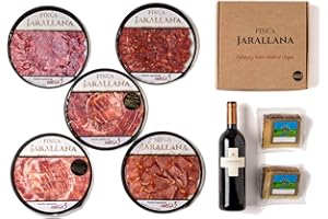 Finca Jarallana - Surtido de Ibéricos Loncheados de Jamón, Paleta, Chorizo, Salchichón, Lomo y Queso - 5 Platos de 100 g - Con 1 Botella de Vino Tinto