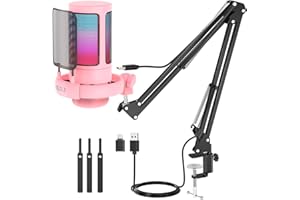 njsj USB Micro Gaming kit, RGB Microphone Condensateur pour PC PS5, avec Bouton de Silence, Fixation Antichoc, Support Trépied, Filtre Anti-Pop, pour Streaming Podcasts (Rose-avec Bras de bôme)