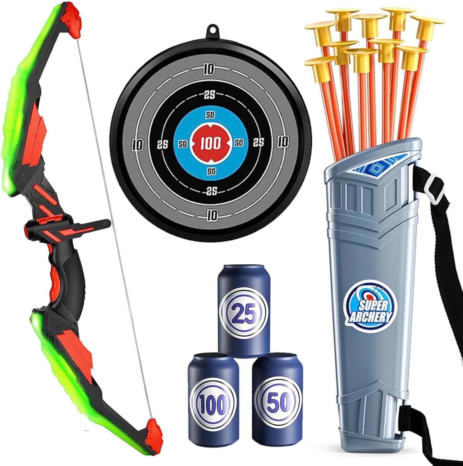 Detontek Juego De Arco y Flecha, 10 Flechas con Ventosa, Objetivo y Puntas De Flecha, Adecuado para Entrenamiento En Interiores y Exteriores