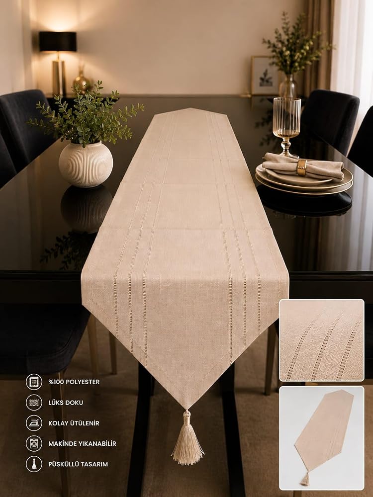 Runner leke tutmaz dertsiz kumaş dekoratif çeyiz Cappuccino 35x140 | 100% Polyester, Makinede Yıkanabilir, Lüks Doku, Kolay Ütülenir, Çeyizlik Tasarım