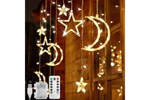Jsdoin Stringa di luci LED a forma di stella, luna, 3,5 m, con 8 modalità lampeggianti, decorazioni per Natale, matrimoni, feste, casa, terrazza, ramadan, prato（B -Bianco Caldo）