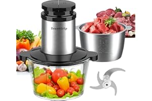 Becontrip Zerkleinerer Küche Elektrisch [500W], Multizerkleinerer mit 4 Edelstahlklingen & 2L Doppelschüssel (Glas+Edelstahl) – Food Processor für Babykost, Fleisch, Gemüse, Zwiebeln (Kupferer Motor)