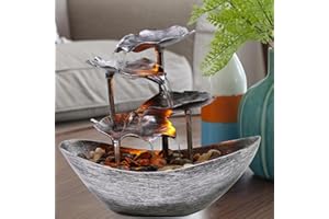 MGICHOOM Indoor Tabletop Fountain Water Feature LED Lights Polyresin Statues, USB Creative Desktop Fountain, Lotus Leaf Sailing Water Fountain Ornaments Living Room Home Decoration Atmosphere Night Light