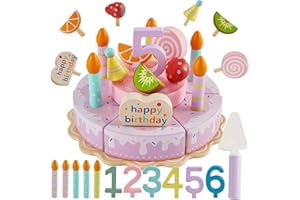 HERSITY Wooden Birthday Cake Pretend Play Toy for Toddlers Girls, Cutting Food Toys Afternoon Tea Set Gifts for 3 4 5 Years Old Kids Childrens