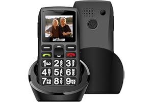 artfone GSM Telephone Portable Personnes Agées sans Internet 1.8'' avec Bouton SOS, 1400mAh Batterie (Grandes Touches, Radio FM, LampeTorche, Stations Recharge), 2G Double SIM, Noir