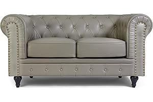 Bravich Leather Chesterfield Sofa- Grey. 2 Seater Settee, Faux Bonded Leather Vintage Couch. Living Room Furniture, Easy Clean. 2 Seater- 160cm x 90cm x 78cm