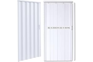 NOVECRAFTO PVC Folding Door with White Wood Effect 82 x 203cm (32 x 80in) – Magnetic Closure & Easy-Grip Handle – Space-Saving Internal Concertina Door Foldable – Plastic Foldable Sliding Accordion Panels