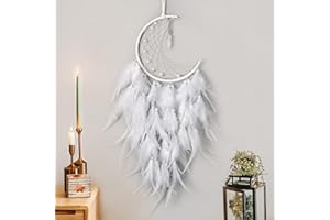 Weldomcor Atrapasueños Luna Bohemio con Plumas Blancas y Colgante a Mano Colgante de Pared para Decoración de Hogar Dormitorio Boda Habitación Infantil Niñas Regalo de Cumpleaños