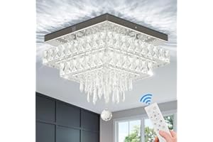 Finktonglan Dimmable Crystal Chandeliers, 13'' Modern Crystal Ceiling Lighting with Remote Control, Square Flush Mount Ceiling Light for Dining Room, Bedrooms, Entryway, Living Room