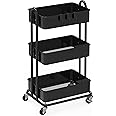 Simple Houseware Heavy Duty 3-Tier Metal Utility Rolling Cart, Black