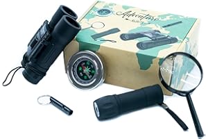 INSIDE THE BOX GIFTS Kids Binoculars Gift Box Outdoor Adventure Set with Real Binoculars for Kids, includes Torch, Whistle, Magnifying Glass and Compass - Gift Idea for Christmas or Birthday gift for a girl or boy (Black)