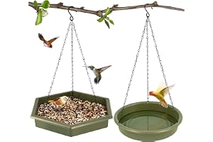 Hanging Bird Bath Feeder, 2 in 1 Plastic Basin, Rust Resistant Chain, Patio