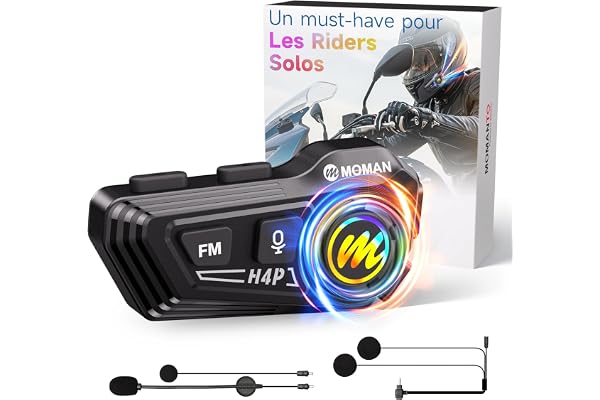 Moman Écouteurs Casque Moto-1000mAh Batterie, RS-H4P Kit Main Libre Moto avec HiFi Haut Parleur Micro Soft/Hard Double Réduction du Bruit RGB/Radio FM/AI Commande Vocale Étanche IPX6