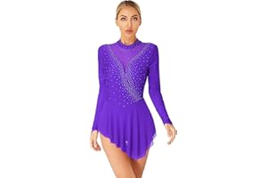 Jowowha Adults Women Sparkly Rhinestone Sheer Mesh Figure Ice Roller Skating Ballet Dance Leotard Dress Costume