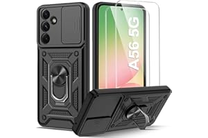 Guisessy Funda para Samsung Galaxy A56 5G Armor Carcasa Cubierta de cámara Deslizante Proteger con 2 Pack Cristal Templado Protector, con 360 Anillo Soporte PC y Silicona TPU Case, Negro
