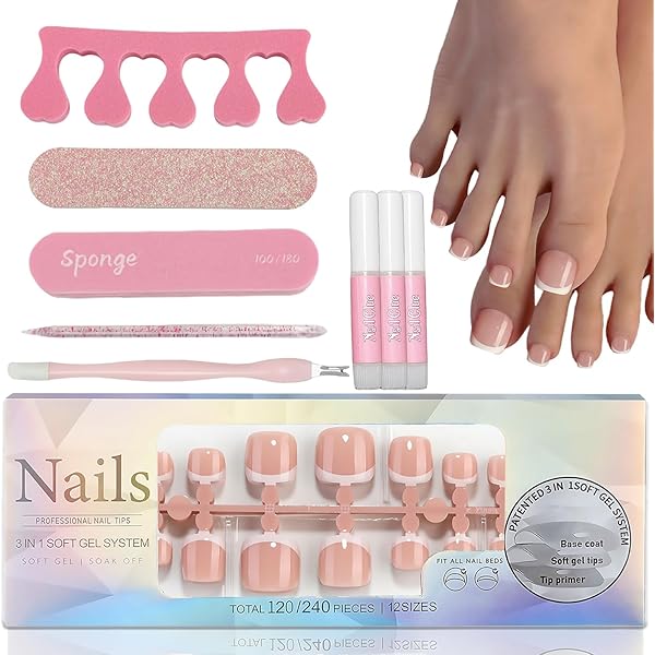 Press On Nails Fe 150 Stck Knstliche Zehenngel Mit French Tip  5  Farben, 3-in-1-Gel-Beschichtung, Selbstklebend Fussngel Tips Set