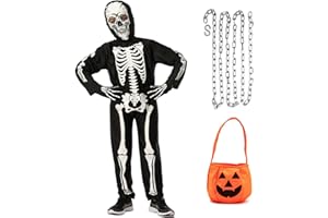 SUFFOLLY Costume da Scheletro per Bambini Ragazzi Ragazze Costume da Teschio di Halloween, Costume di Halloween per Bambini con Catena e Sacchetto di Zucca per Halloween Dress Up,Gioco di Ruolo,Cosplay Party