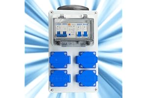 AIFIZO Distribuidor de corriente para construcción, distribuidor de pared con interruptor FI, distribuidor de corriente 4 x 16 A, 250 V 2P, 4 enchufes Schuko, carcasa IP67 resistente al agua para
