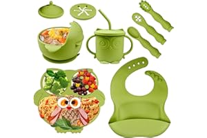Bwaliffury Set Pappa Svezzamento Bambini Silicone, 9 Pezzi Set Svezzamento Silicone Piatto con Ventosa Ciotola Cucchiaio Bavaglino, Antiscivolo Bimbo Set Prima Pappa per Bambino (doppio verde)