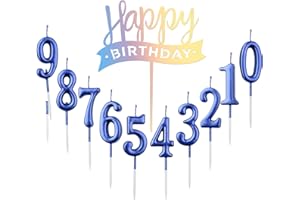 Lot de 10 bougies à chiffre 0 à 9 ans + 1 lettre de joyeux anniversaire à paillettes décoration de gâteau numéro de bougies numériques pour fête d'anniversaire, mariage (bleu)