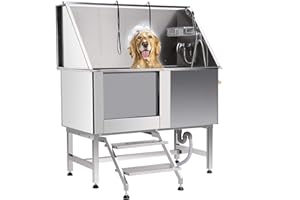 Z ZELUS Vasca da Bagno per Cani da 127 cm Vasca Toelettatura Professionale per Animali Domestici Lavello per Doccia con Rubinetto Rampa Walk-in e Griglia a Pavimento Regolabile