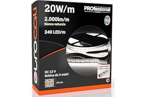 Eurocali Kit Striscia LED Monocolore 1200 LED 100W 240 LED/metro - Bobina da 5 metri - IP20 da interno - Luce Bianco Naturale 4000K + Alimentatore 120W per uso interno