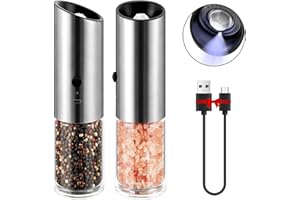 Vzaahu Molinillo Eléctrico de Sal y Pimienta, Juego de 2, Recargable por USB, Grosor Ajustable, Color Plateado, Funciona con Pilas, Molinillo Eléctrico de Especias con Luz