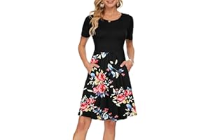 AUSELILY Damska plisowana luźna luźna sukienka z krótkim rękawem i kieszeniami do kolan