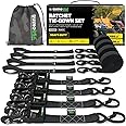 Rhino USA Ratchet Straps Heavy Duty Kit (4-Pack) - 4cm x 2.4m (2,000kg Break Strength) - Ultimate Tie Down Straps with Safety S Hooks for Trucks, ATV, UTV, Motorcycle, Cargo & More - Black