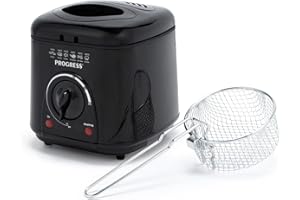 Progress Friteuse Compacte 1L Mini 950W, Panier de Cuisson Amovible Antiadhésif, Facile à Nettoyer, Antidérapant, Contrôle de Température Réglable, Filtre Réducteur d'Odeurs, Garantie 3 ans