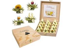Creano - Coffret cadeau Fleures de Thé en format tasse - dans une boîte à thé en bois | 12 thés fleuris en 4 sortes (thé blanc)