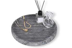 WORHE Natural Marble Vanity Tray for Bathroom Bedroom Kitchen Dresser, Round Decorative Trays for Jewelry, Perfume, Cosmetic, Candle, Countertop Storage Organizer for Home Decor Gray Black WH017