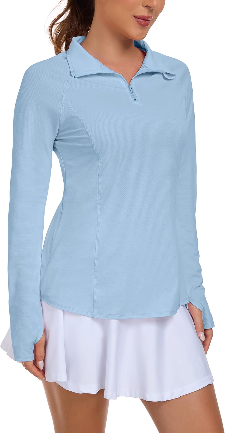 IWOLLENCE Camiseta deportiva para mujer con protección UPF 50+ UV para mujer, para entrenamiento, gimnasio, ropa de manga larga, cremallera de 1/4, con agujeros para el pulgar y bolsillo oculto en el