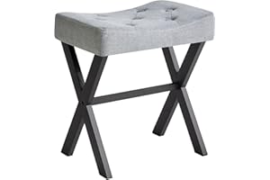 IBUYKE Taburete de Lino en Forma de U - Asiento de Maquillaje Cuadrado con Piernas en X, Pedales para Asientos Otomanos, Mesa Lateral Pequeña Multifuncional, Azul y Gris WBD018L