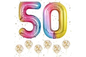 OUSUGA Palloncini Compleanno Numero 50 Arcobaleno, 40 Pollici Grandi Palloncini Numeri Elio con 6Pz Palloncini Coriandoli Oro per 50 Ragazzi Ragazze Compleanno Anniversario Decorazioni Festa