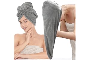 Hience 86x26 CM Grande Turbante Asciugacapelli per Capelli Lunghi e Ricci, Asciugamano Microfibra Capelli Turbante ad Asciugatura Rapida e Anti-crespo con Cinghie Elastiche per Donne, Grigio
