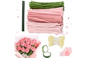 BAISHUWU Limpiapipas Flores, 300pcs Flores Juego de Limpiador de Pipas, 4 Colores, Ramo de Flores de Limpiador de Tubos, Pipas Alambre de Chenilla, Tulip Bouquet Pipe Cleaner Set, con Tallos de Flores Cinta