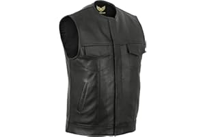 Leatherick SOA Gilet da motociclista in vera pelle da uomo senza colletto per motociclismo e moda, con tasche profonde