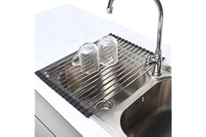 AIRUJIA Scolapiatti da Appoggio, per lavello, Portatile Multiuso da cucina, per Asciugare Ortofrutticolo, Espandibile Fino a 33x（28~50） cm, Nero