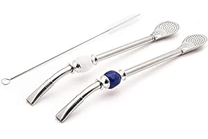 BALIBETOV Bombilla (Sorbetes) Premium de Acero Inoxidable para Beber Yerba Mate, con Cepillo y Filtro removible para Optima Limpieza - 22 cm de Largo. (Azul - Blanco)