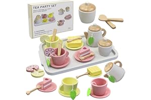AIVORO Service à thé Enfant Dinette Enfant 3 4 5 6 Ans, Services à Thé en Bois Bébé, Tea Party Jeux de Rôle, Dinettes Jouet Cuisine, Cadeau Créatif Anniversaire Pâques Halloween Garçon Fille, 21Pcs