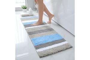 Homaxy Tapis de Bain Antiderapant,Tapis Salle de Bain Rayé en Microfibre Douce, Absorbant à Poils Longs, Lavable en Machine - 40 x 120 cm, Bleu/Gris