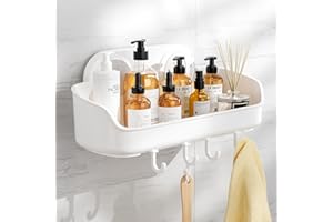 Luxear Étagère Douche sans Perçage Ventouse avec Crochets pour Salle de Bain Serviteur de Douche Cusine Amovible Panier de Rangement Mural Plastique pour Shampooing Gel Douche-Blanc