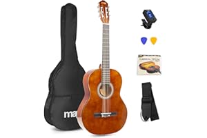 MAX SoloArt Guitarra clasica con cuerdas de nailon para Principiantes Adultos - guitarra flamenca con Funda, Afinador, Púa, Correa y Accesorios Guitarra Española 4/4 en Madera Natural Oscura