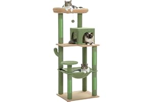 PAWZ Road Drapak dla kota z metalowo-pluszowym hamakiem, wieża dla dorosłych kotów z 2-drzwiowym domkiem, 6-stopniowe regały dla kotów ze słupkami do drapania i dużym górnym drążkiem, zielony, 143 cm