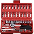 Obedient 46Pcs 1/4 Inch Drive Box End Socket Set,Metric Ratchet Wrench Set With 4-14Mm Cr-V Sockets,S2 Bits,Extension Bars,Mechanic Tool Kits For Household Auto Repair (Black), Chrome Vanadium Steel
