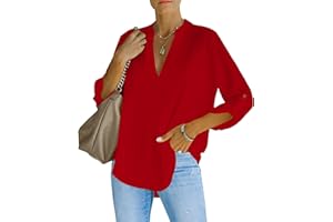 NONSAR Elegancka bluzka damska z dekoltem w serek Henley, zwijane rękawy, luźna bluzka