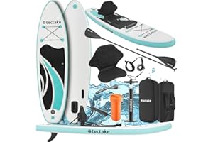 tectake® SUP Gonfiabile, Tavola Stand-Up Paddle Versatile, Materiale Drop-Stitch, 3 Pinne con Pinna Removibile, Pagaia in Alluminio Regolabile, Antiscivolo in Schiuma EVA - Turchese/Nero