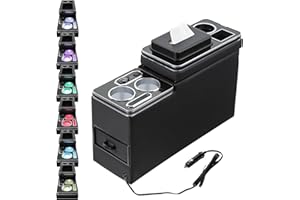 GEARMONSTER Upgrade Mittelkonsole mit 7 Farben LED-Leuchten und USB Aufladestation Kompatibel mit VW T4 T5 T6 T7 T6.1 2003-2019, Acrylplatte Armlehne Aufbewahrungsbox Schwarz Glanz Leder Zubehör